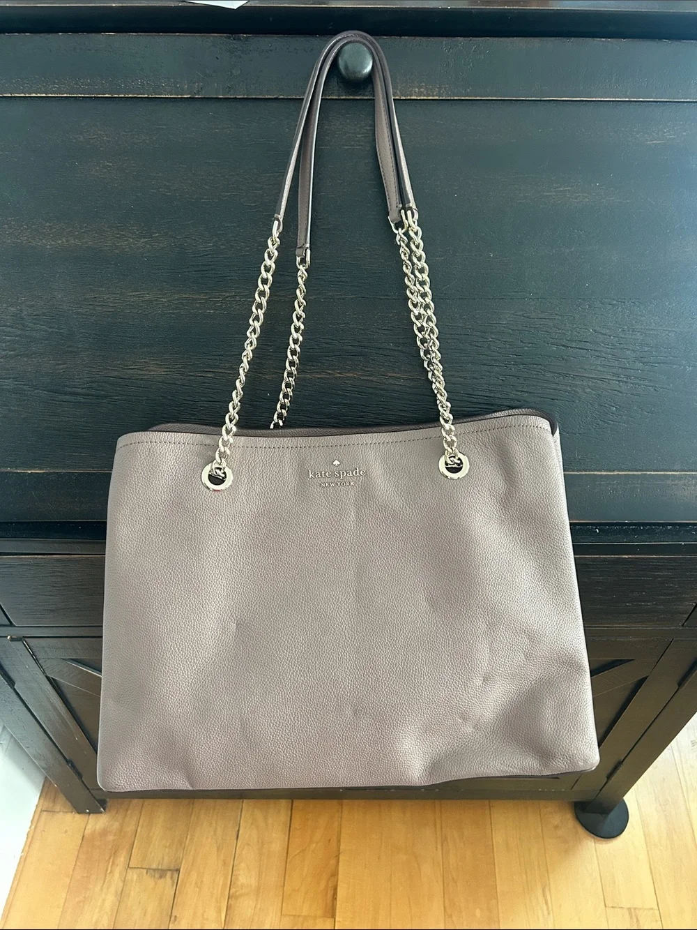 kate spade pebble leather tote in mauve taupe with silver chain